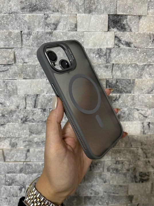 İPhone 15 Uyumlu Gri MagSafe Standlı Lens Korumalı Case Pro Kılıf