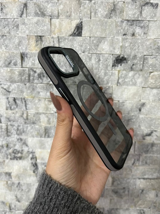 İPhone 15 Uyumlu Gri MagSafe Standlı Kılıf – Lens Çerçeveli