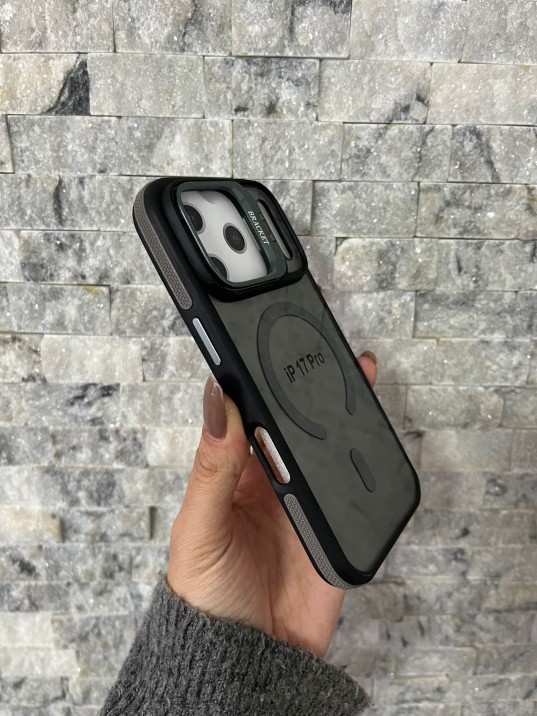 İPhone 17 Pro Uyumlu Gri MagSafe Standlı Kılıf – Lens Çerçeveli