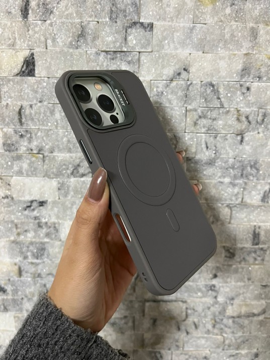 İPhone 16 Pro Max Uyumlu Gri Kartlıklı MagSafe Standlı Kılıf