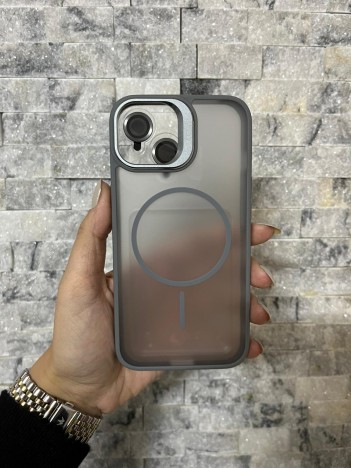 İPhone 14 Uyumlu Gri MagSafe Standlı Lens Korumalı Case Pro Kılıf